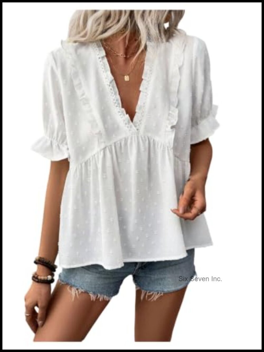 Ruffle Textured Peplum Blouse V Neck Babydoll Top